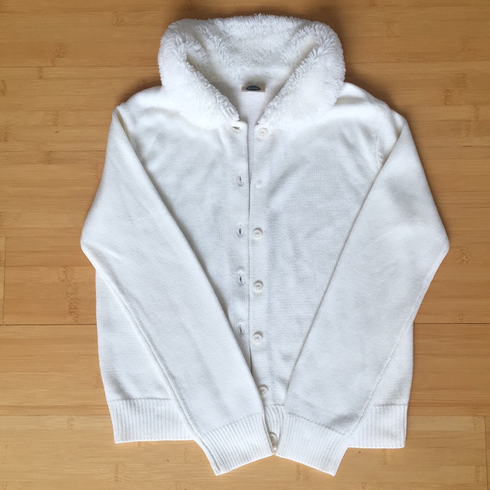 Girls Old Navy Button Up Cardigan Faux Fur Collar (Size 12)